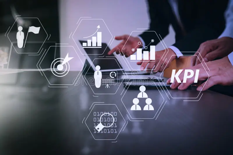 Restaurant marketing KPI dashboard concept with growth charts and targets