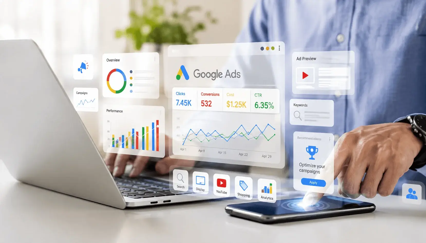 Google Ads dashboard showing clicks, conversions, cost and campaign recommendations