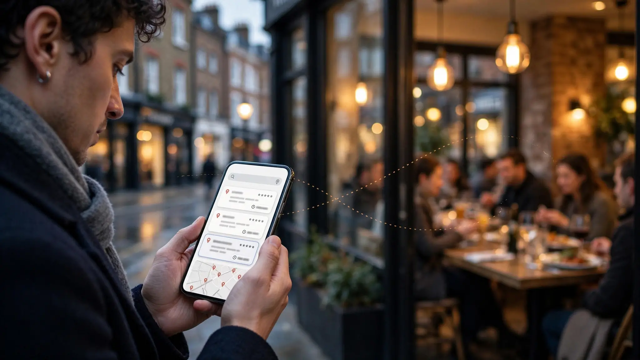 Customer searching local restaurants on a phone on Google Maps, with a restaurant in the background