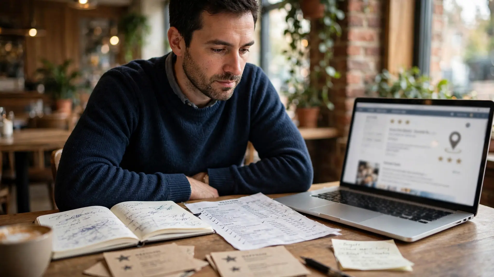 Restaurant owner reviewing his Google Business Profile on a laptop, with review notes and a checklist on the table